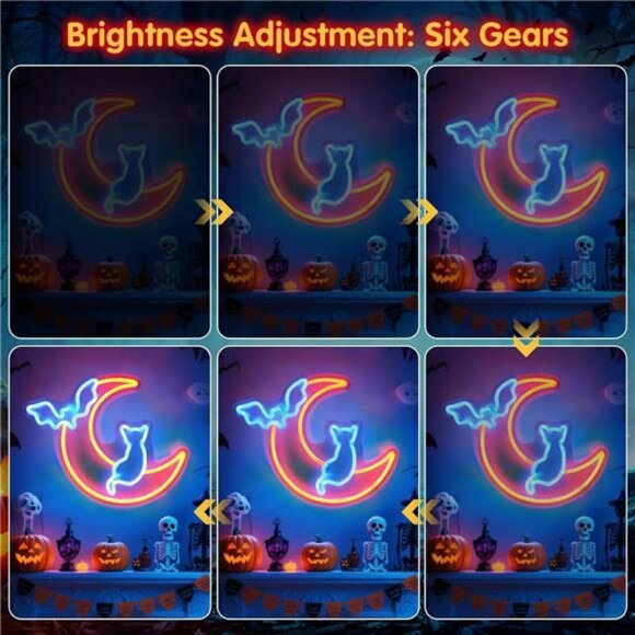 Halloween Neon Sign Wall Decor - Moon&Bat&Cat Themed Halloween LED Lights - Picture 4 of 7